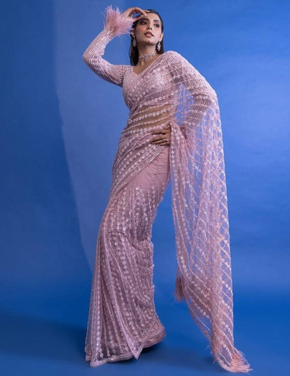 Dusty rose net heavy sequence thread work designer wedding saree