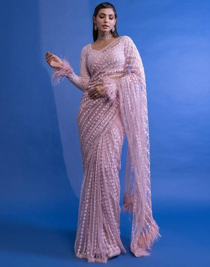 Dusty rose net heavy sequence thread work designer wedding saree