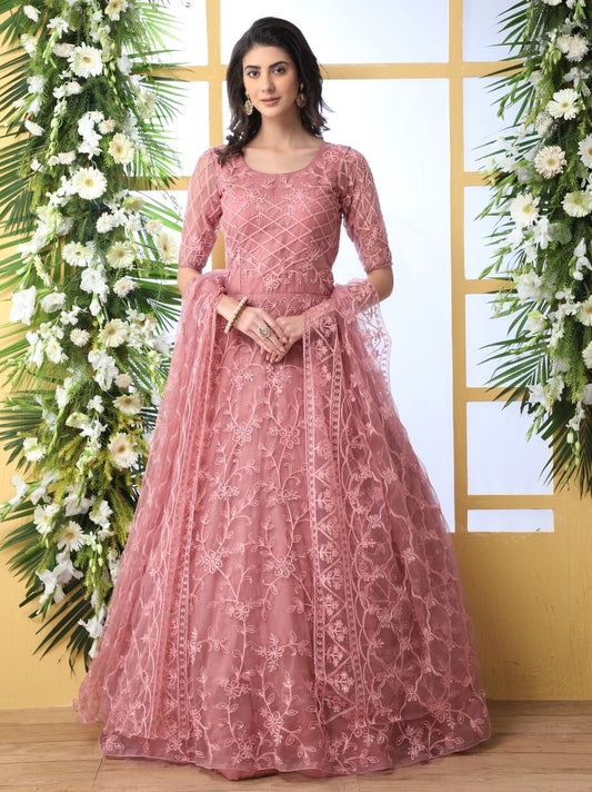 Dusty rose net heavy thread embroidered wedding anarkali gown