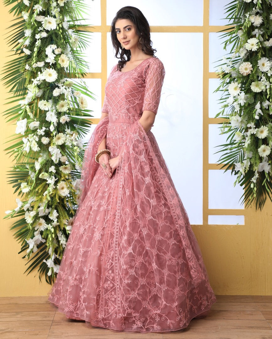 Dusty rose net heavy thread embroidered wedding anarkali gown