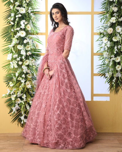 Dusty rose net heavy thread embroidered wedding anarkali gown