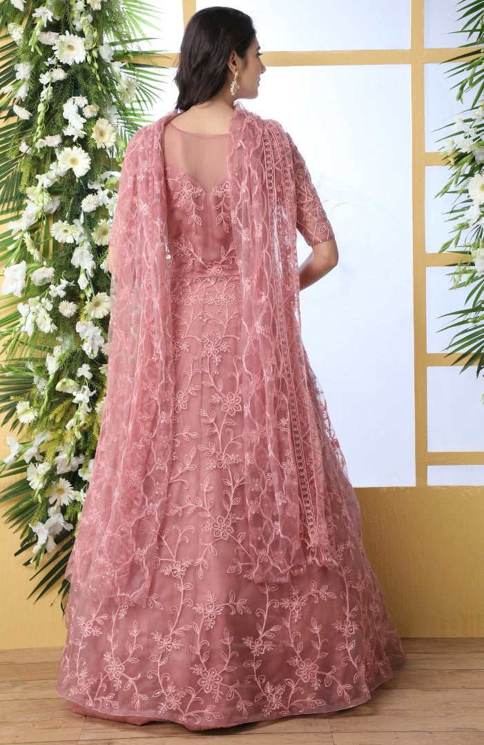 Dusty rose net heavy thread embroidered wedding anarkali gown