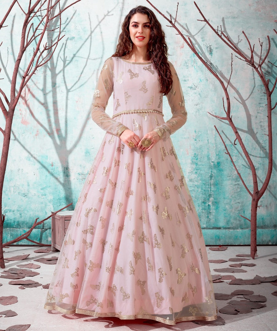 Dusty rose net metallic foil work party wear designer gown