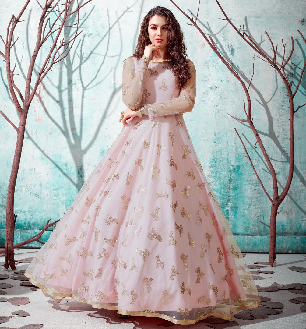 Dusty rose net metallic foil work party wear designer gown