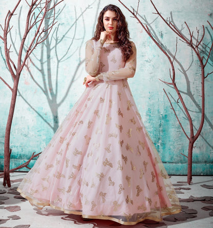 Dusty rose net metallic foil work party wear designer gown