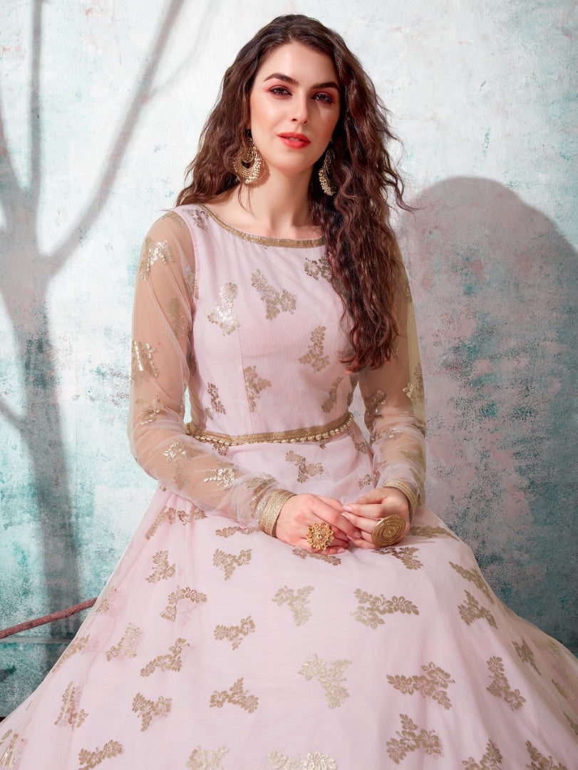 Dusty rose net metallic foil work party wear designer gown