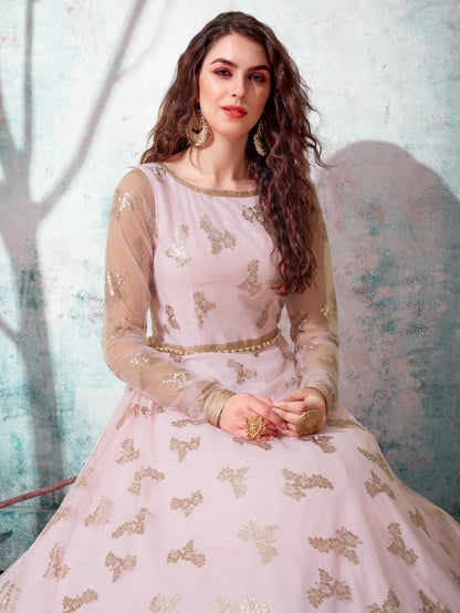 Dusty rose net metallic foil work party wear designer gown