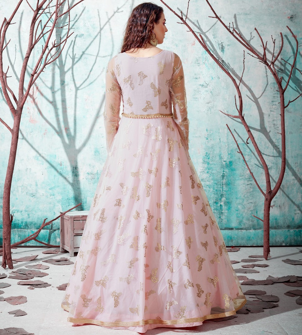 Dusty rose net metallic foil work party wear designer gown