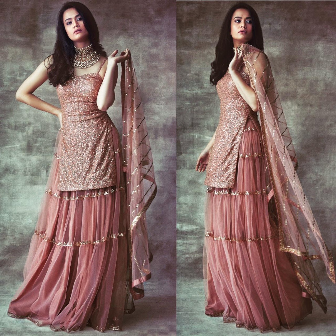 Dusty rose net sequence work long top lehenga