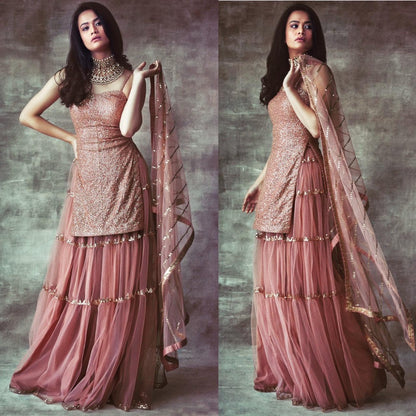 Dusty rose net sequence work long top lehenga