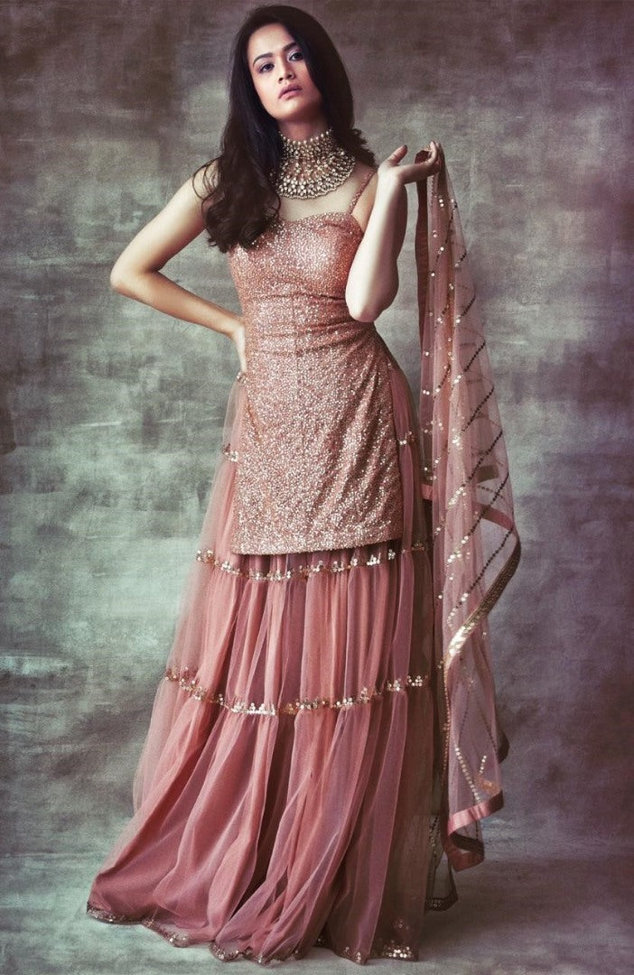 Dusty rose net sequence work long top lehenga