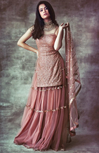 Dusty rose net sequence work long top lehenga