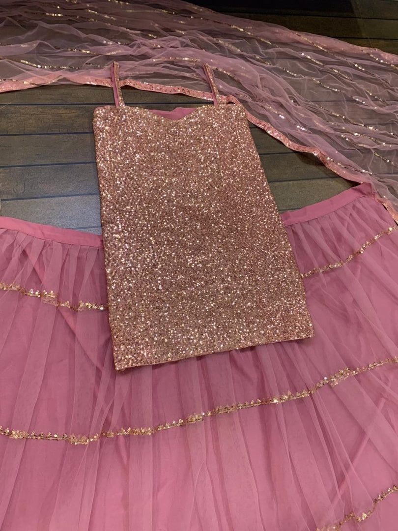 Dusty rose net sequence work long top lehenga