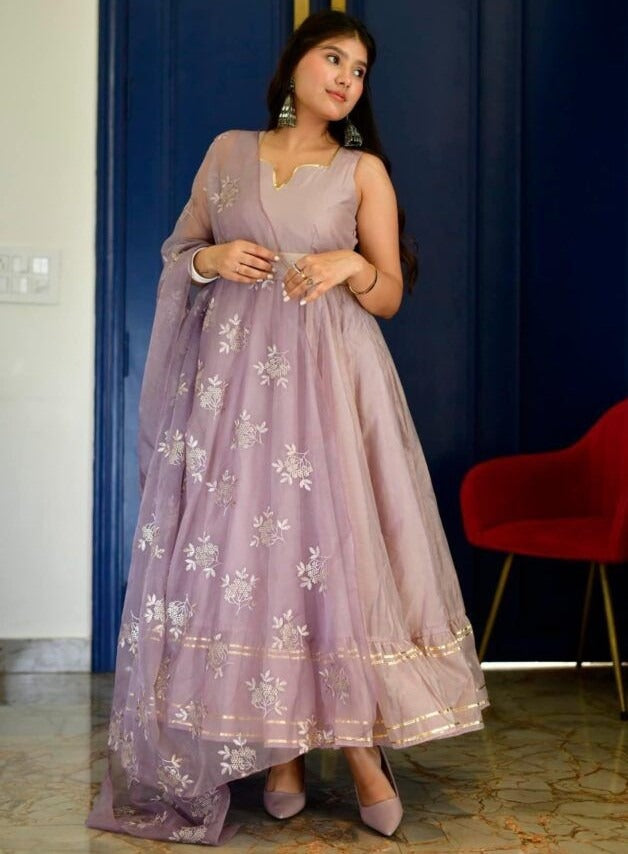 Dusty rose organza ruffle flair anarkali suit