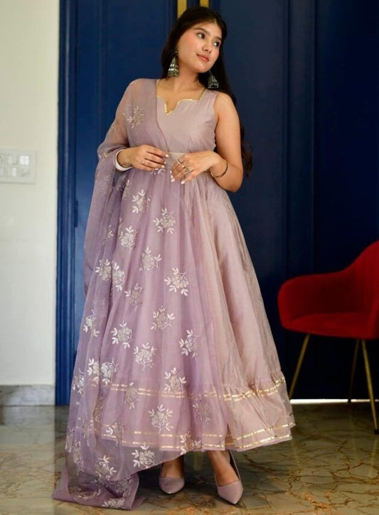 Dusty rose organza ruffle flair anarkali suit