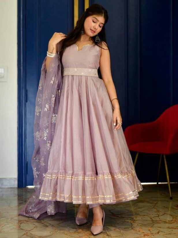 Dusty rose organza ruffle flair anarkali suit