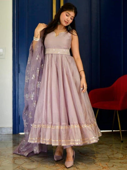 Dusty rose organza ruffle flair anarkali suit