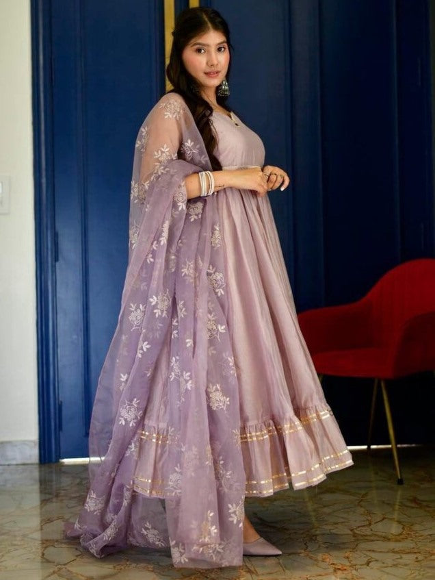 Dusty rose organza ruffle flair anarkali suit