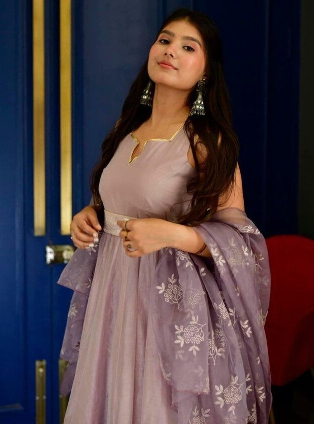 Dusty rose organza ruffle flair anarkali suit