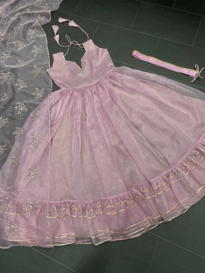 Dusty rose organza ruffle flair anarkali suit