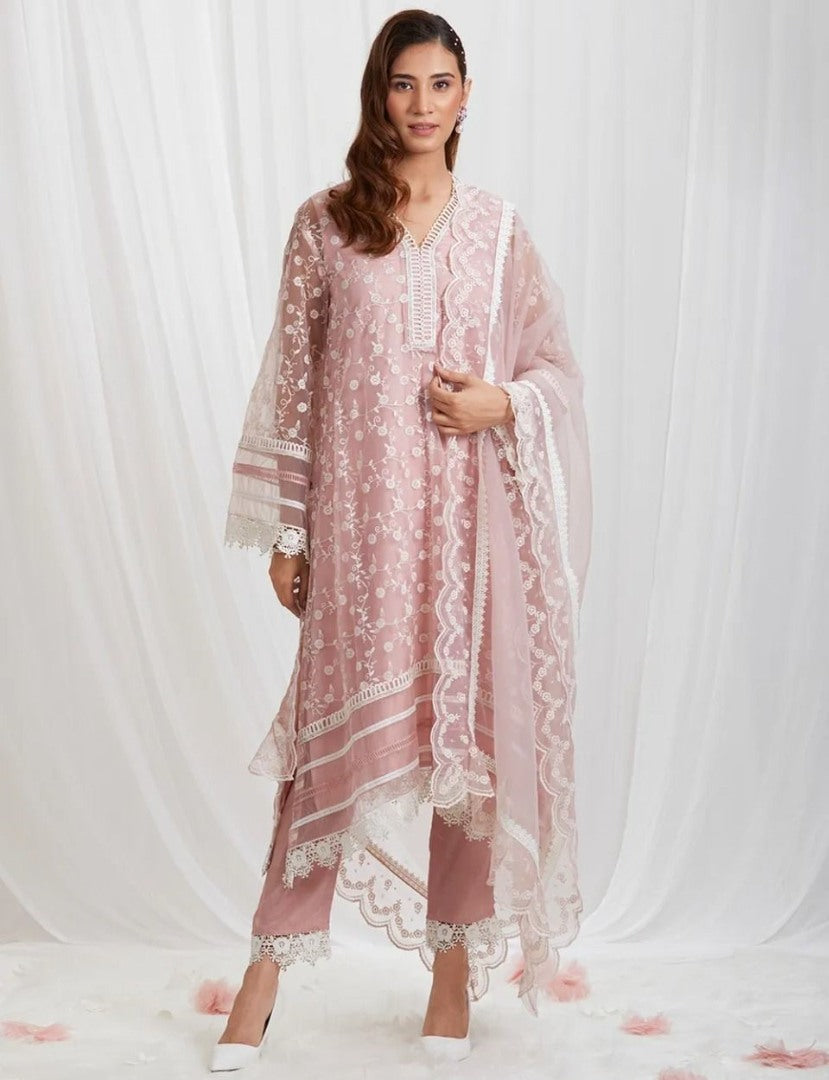 Dusty rose organza thread embroidered pant suit
