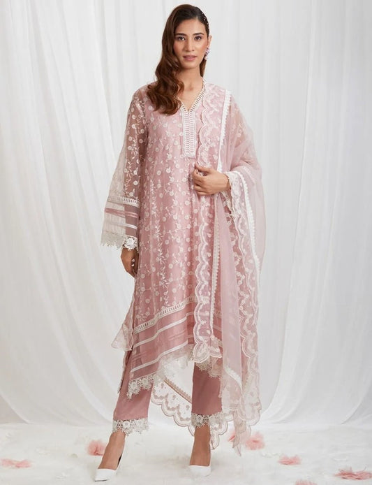 Dusty rose organza thread embroidered pant suit
