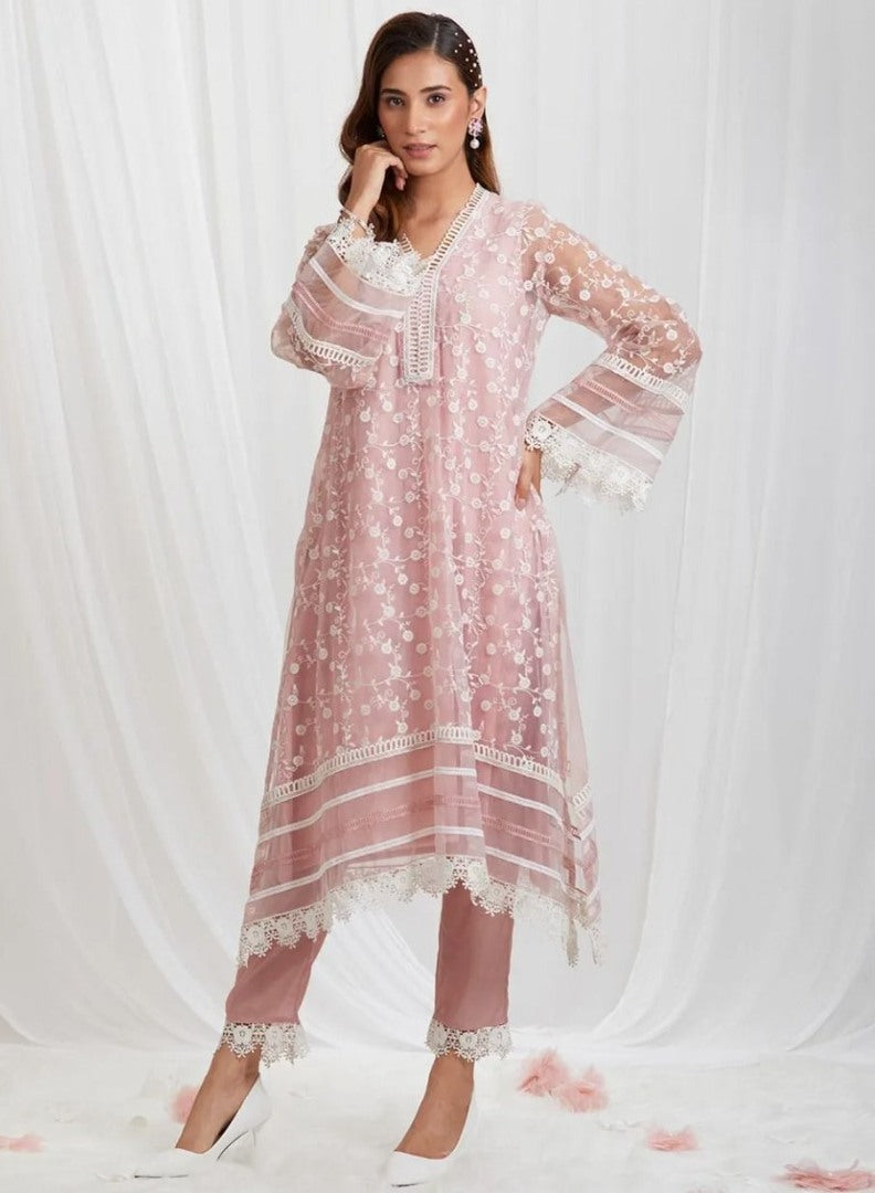 Dusty rose organza thread embroidered pant suit