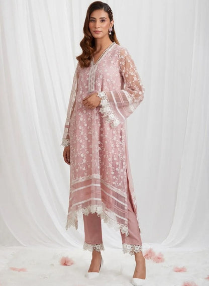 Dusty rose organza thread embroidered pant suit