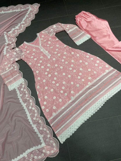 Dusty rose organza thread embroidered pant suit