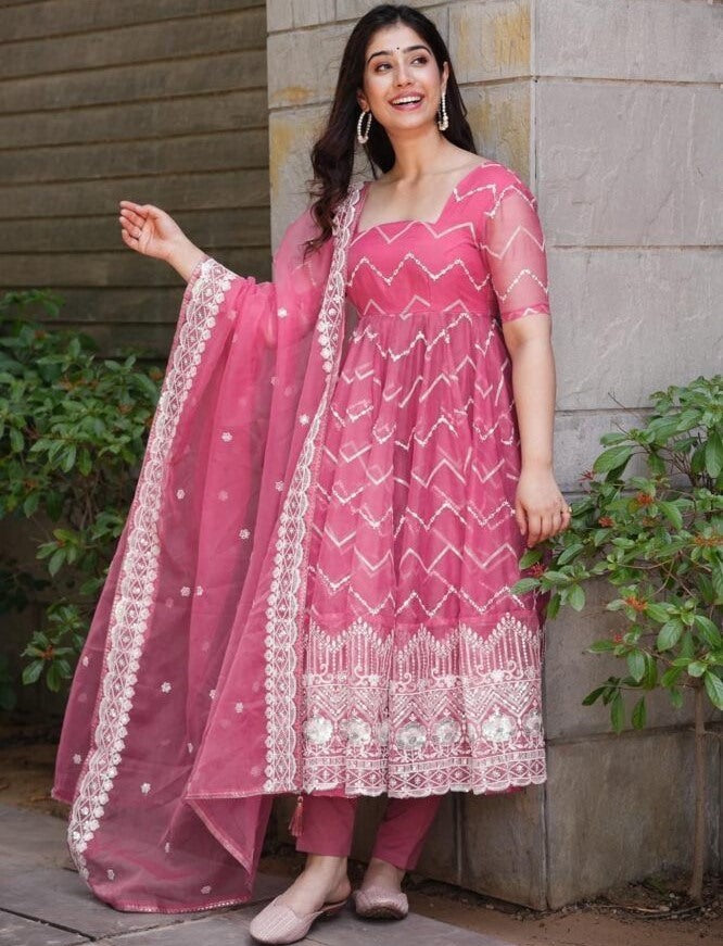 Dusty rose organza thread sequence work wedding anarkali suit