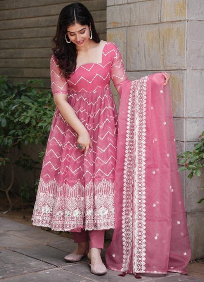 Dusty rose organza thread sequence work wedding anarkali suit
