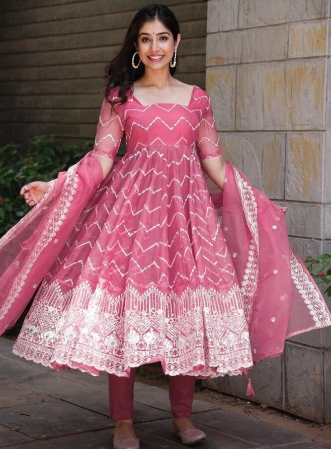 Dusty rose organza thread sequence work wedding anarkali suit