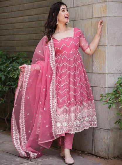 Dusty rose organza thread sequence work wedding anarkali suit