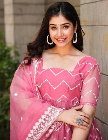 Dusty rose organza thread sequence work wedding anarkali suit