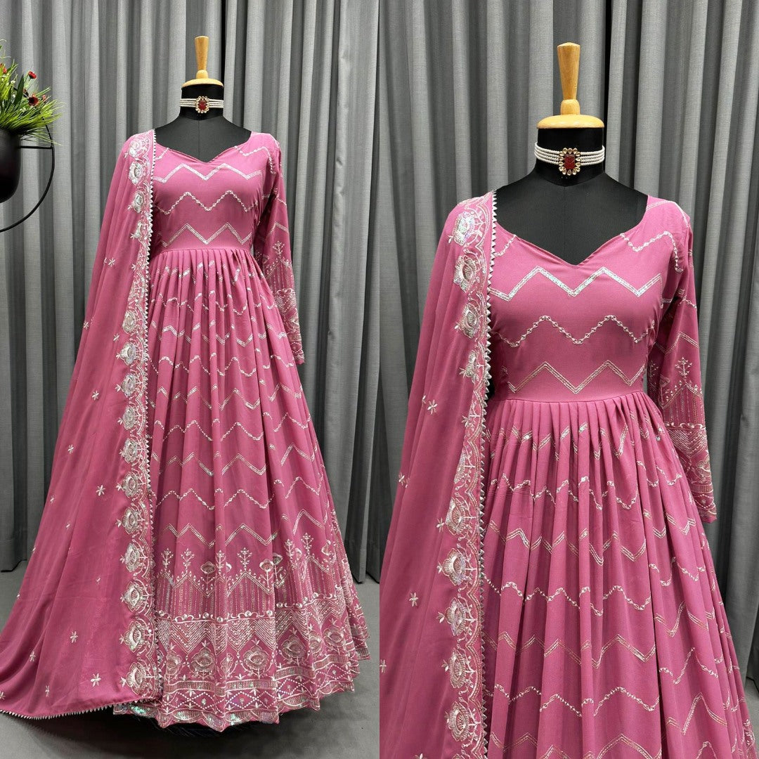 Dusty rose organza thread sequence work wedding anarkali suit