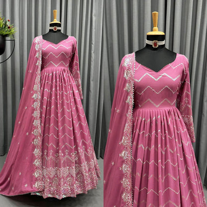 Dusty rose organza thread sequence work wedding anarkali suit