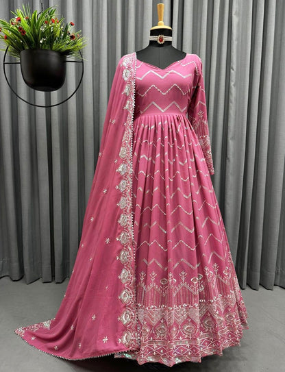 Dusty rose organza thread sequence work wedding anarkali suit