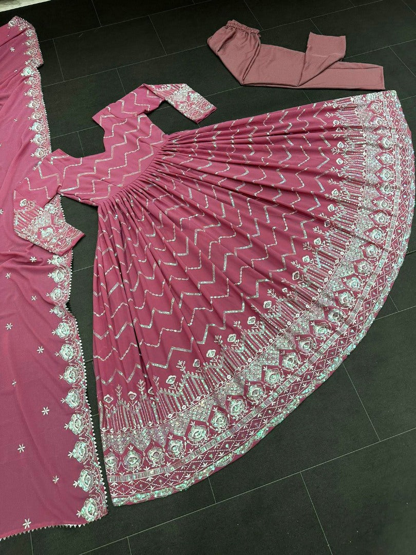 Dusty rose organza thread sequence work wedding anarkali suit