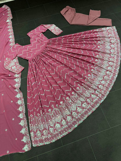 Dusty rose organza thread sequence work wedding anarkali suit