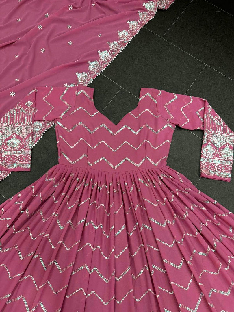 Dusty rose organza thread sequence work wedding anarkali suit