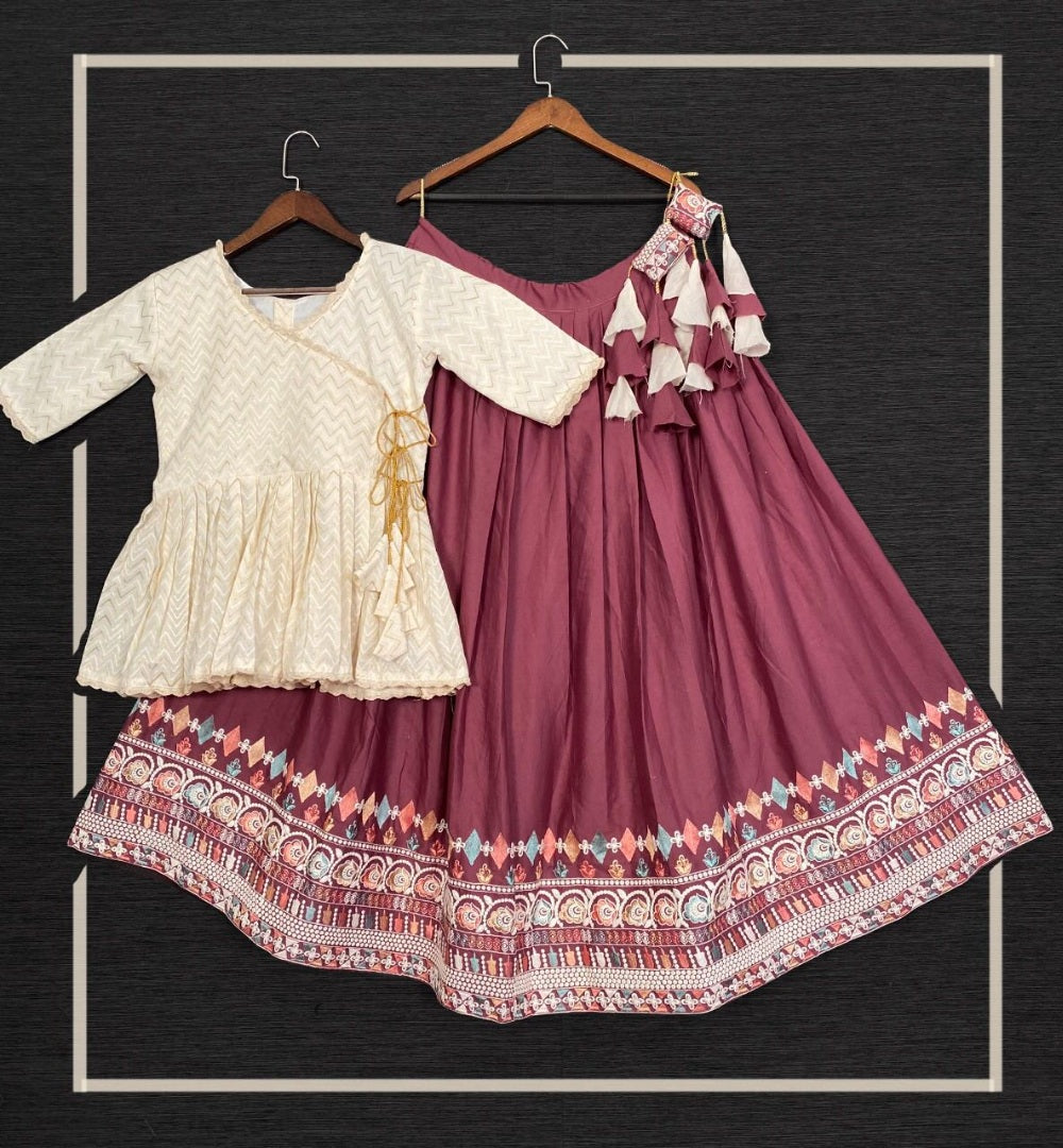 Dusty rose pink cotton embroidered lehenga with long crop top
