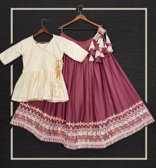 Dusty rose pink cotton embroidered lehenga with long crop top
