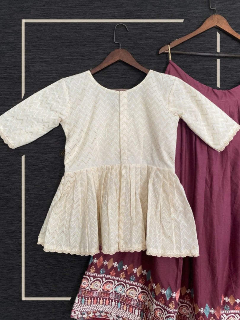 Dusty rose pink cotton embroidered lehenga with long crop top