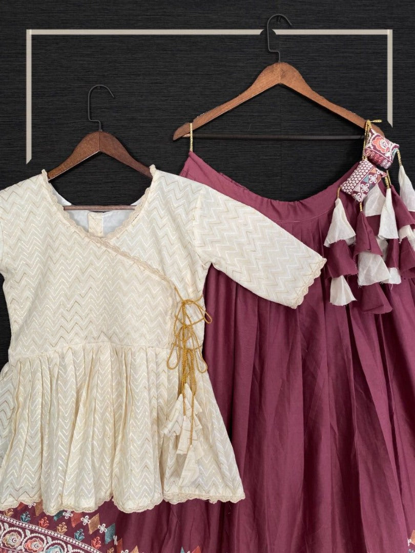 Dusty rose pink cotton embroidered lehenga with long crop top