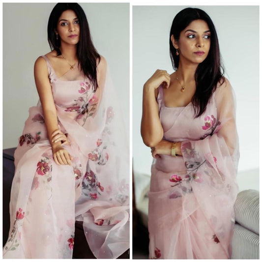 Dusty rose pink organza silk floral printed saree