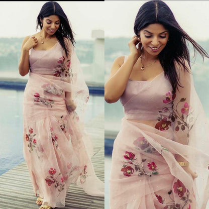 Dusty rose pink organza silk floral printed saree