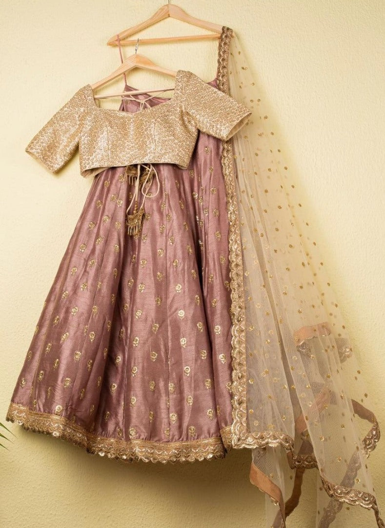 Dusty rose satin silk embroidered sequence lehenga choli