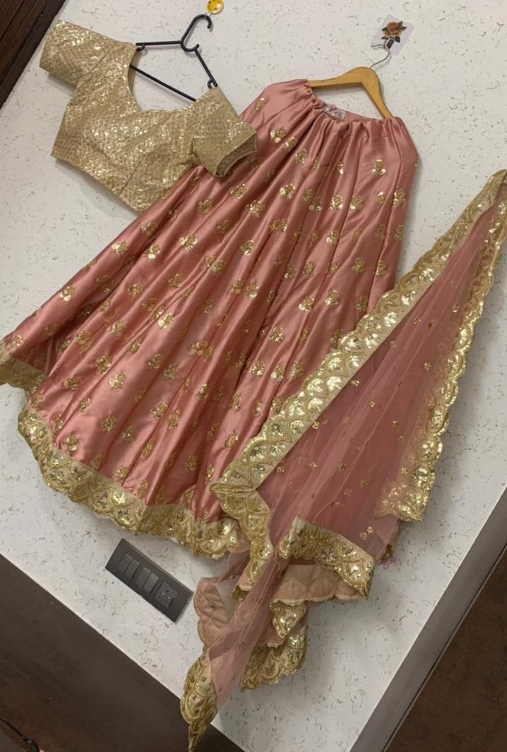 Dusty rose satin silk embroidered sequence lehenga choli