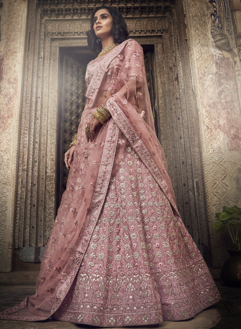 Dusty rose satin thread and zari work bridal lehenga choli