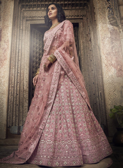 Dusty rose satin thread and zari work bridal lehenga choli